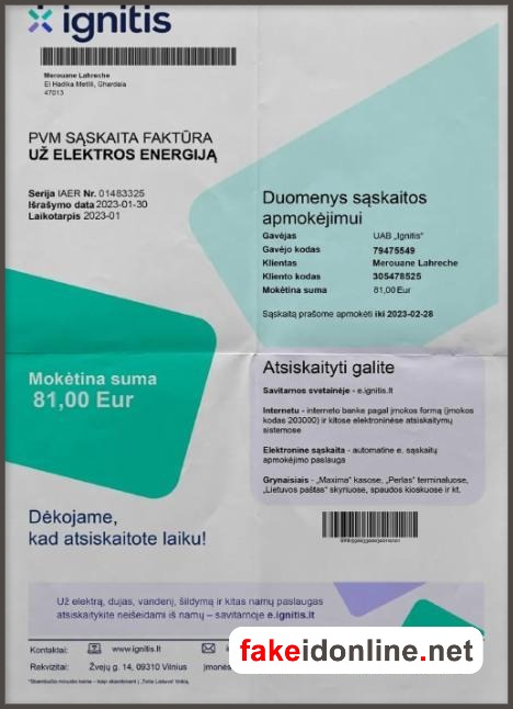 Lithuania Utility Bill PSD Template - Lithuania Proof of Address